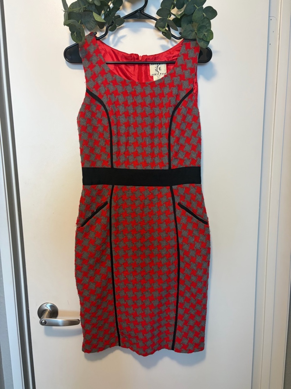 Vintage Red and Gray Houndstooth Wool Dress